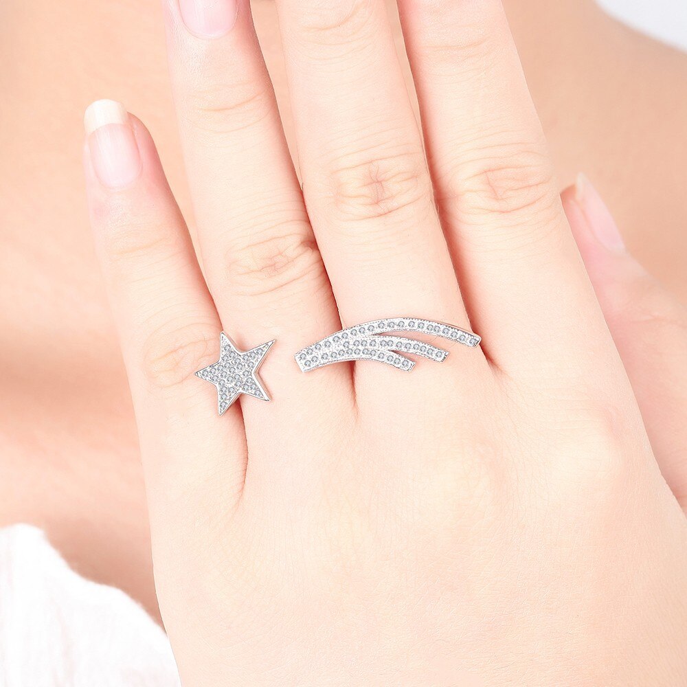 adjustable 925 Sterling Silver color  Crystal Star Rings for women jewelry wedding party gifts