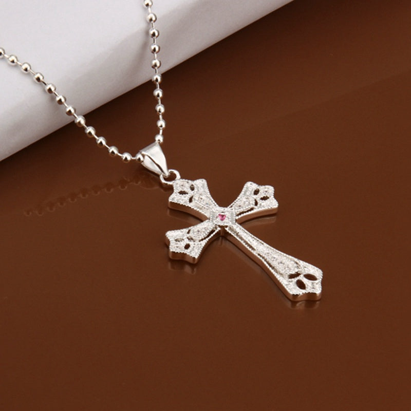 fine 925 sterling silver necklace fashion jewelry chain rhinestone cross necklaces & pendants women men collar SN396