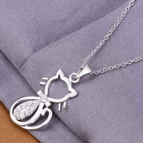 fine silver plated necklace fashion jewelry chain rhinestone cat necklaces & pendants women men collar SN312