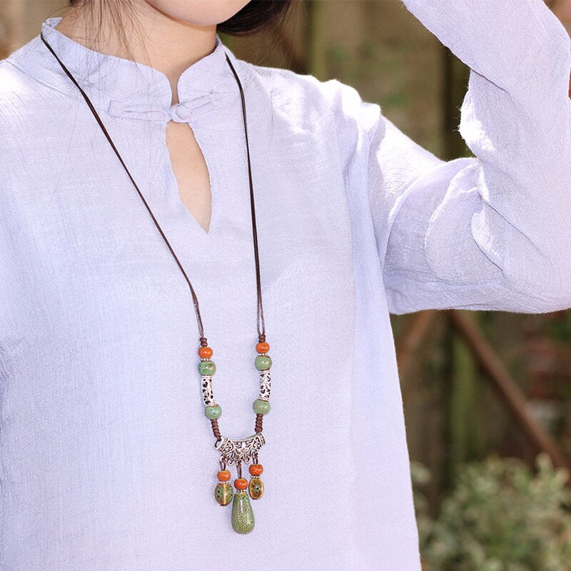 2021 Vintage Ceramic necklace for woman brightly porcelain ball pendant long rope chain ethnic jewelry