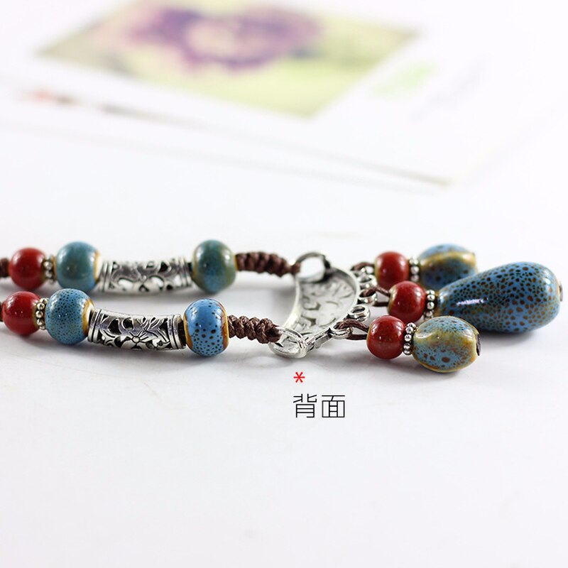 2021 Vintage Ceramic necklace for woman brightly porcelain ball pendant long rope chain ethnic jewelry