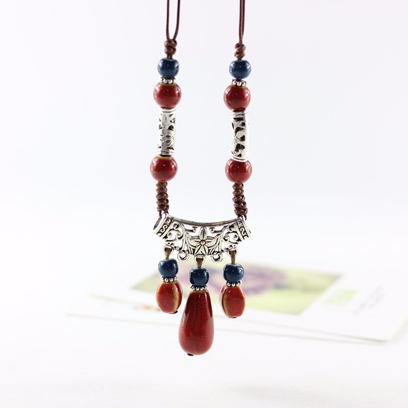 2021 Vintage Ceramic necklace for woman brightly porcelain ball pendant long rope chain ethnic jewelry