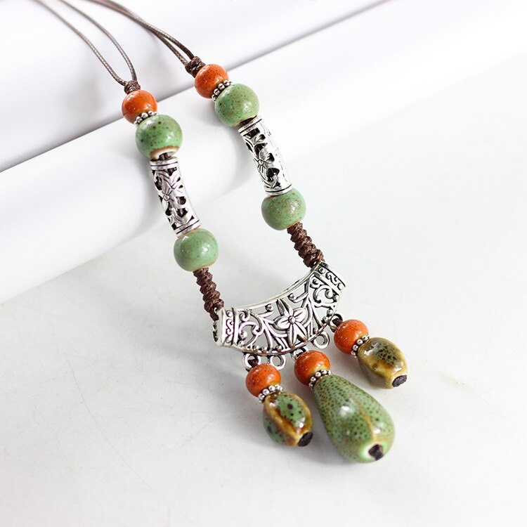 2021 Vintage Ceramic necklace for woman brightly porcelain ball pendant long rope chain ethnic jewelry