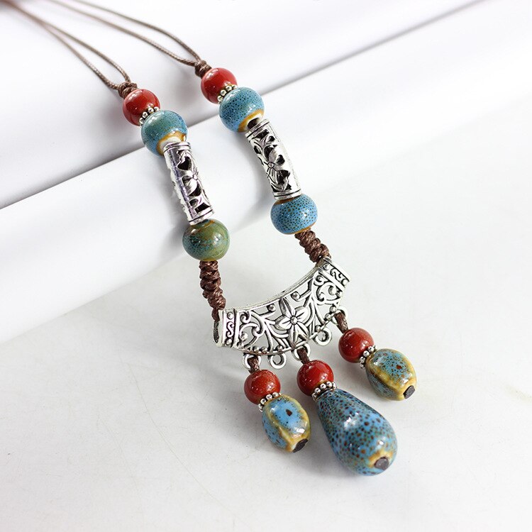 2021 Vintage Ceramic necklace for woman brightly porcelain ball pendant long rope chain ethnic jewelry