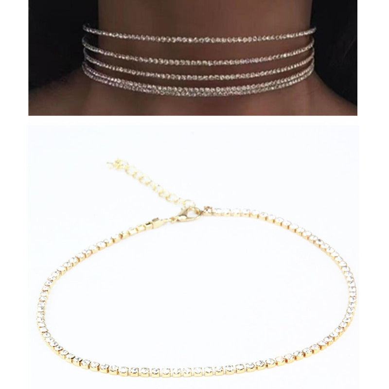 x186 Simple Design Rhinestone Choker Necklace For Women Fashion Jewelry Beautiful Crystal Gold Color Chain Necklace 2020 Hot