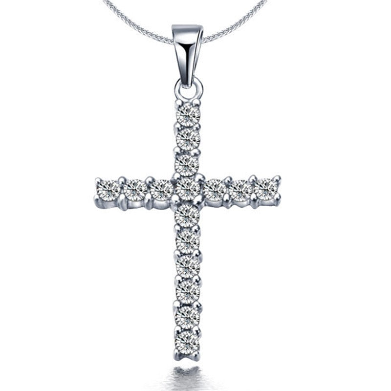 x307 Collier New Silver Plated Cross Pendant Necklaces for Women Fashion Long Necklaces Sweater Accessories Crystal Jewelry Hot