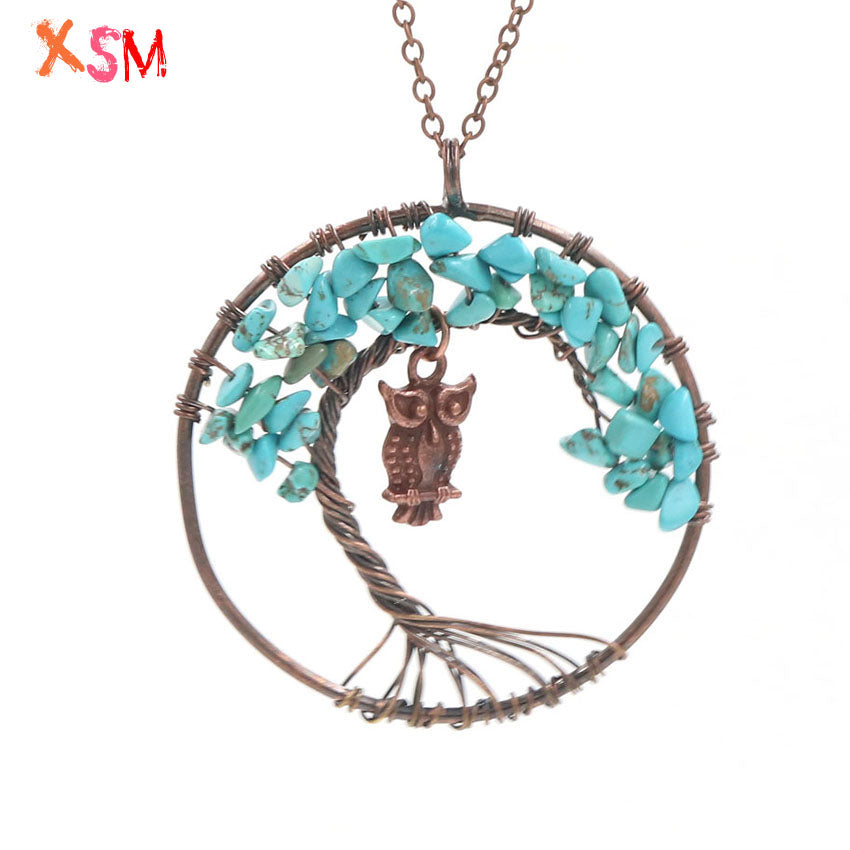 xinshangmie Small Owl Pendants Necklace Bronze Color Green Turquoises Tree Of Life Pendants Necklace Women Charm Jewelry 1Pcs