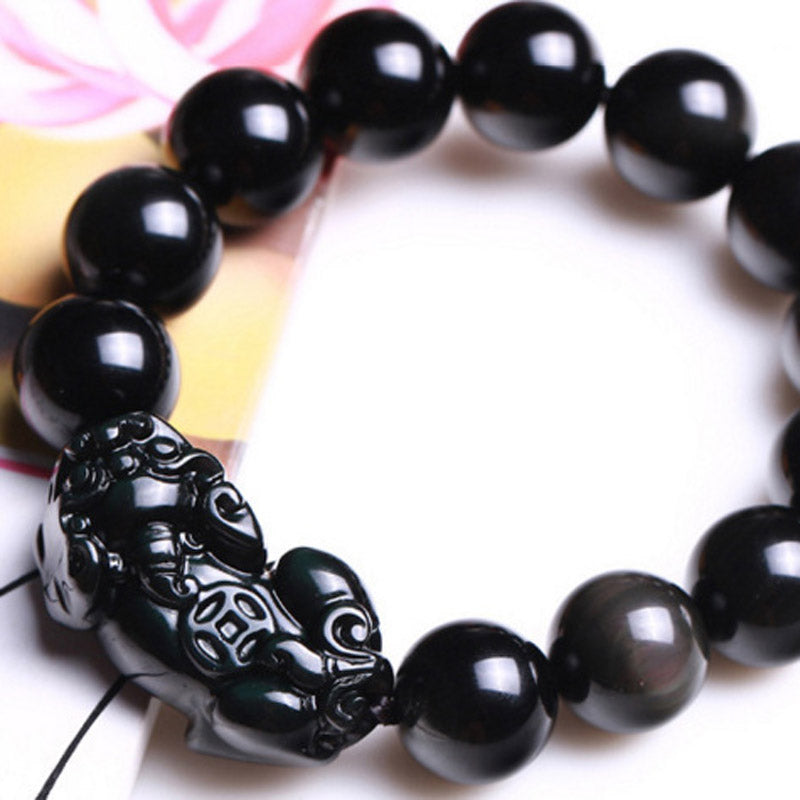 yu xin yuan Fine Jewelry Natural Black Obsidian Round Bead Bangle Chain Bracelet Lucky Brave Friends Bracelets Jewelry